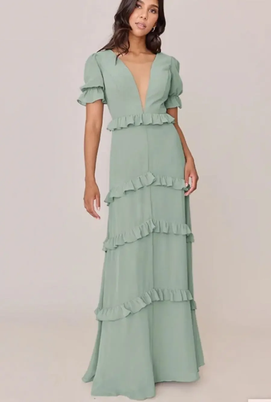 sage green wedding guest dresses Your Perfect Summer Color Dress:AW Bryn Dress in sage green Photos: @jessicafamendo #awbridal #awbridaldress #floraldresses #floralbridesmaiddresses #weddingguestdress city reception AW.Bridal A-line V-Neck Tea Length